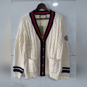 Gucci Web V-Neck Wool Knit Cardigan Sweater